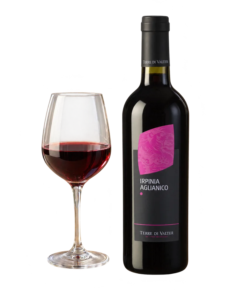 A bottle of Irpinia Aglianico beside a glass of red wine