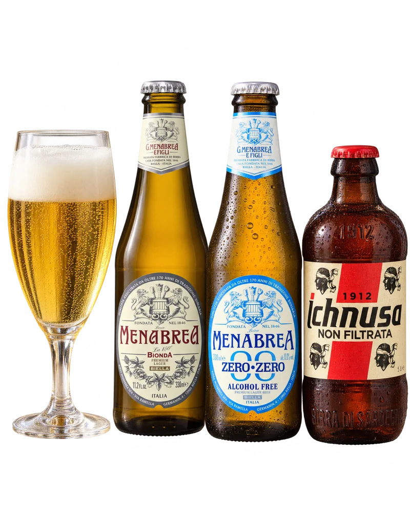 Bottles of Menabrea and Ichnusa beside a glass of beer