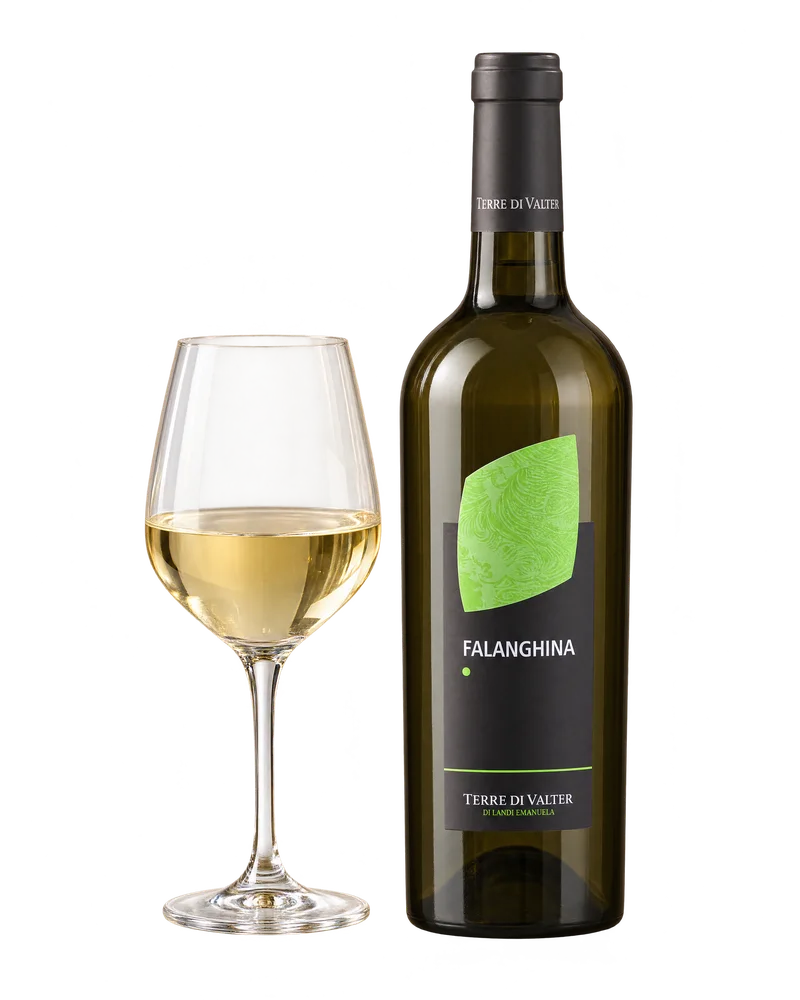 A bottle of Falanghina beside a glass of white wine