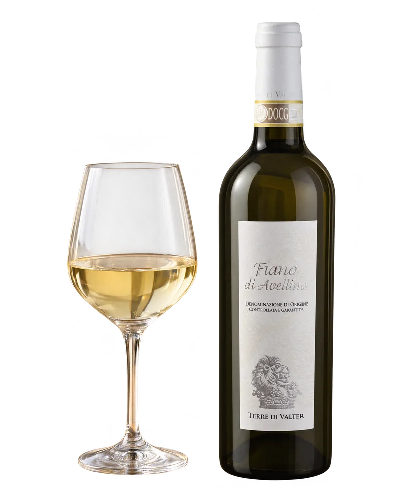 A bottle of Fiano di Avellino beside a glass of white wine