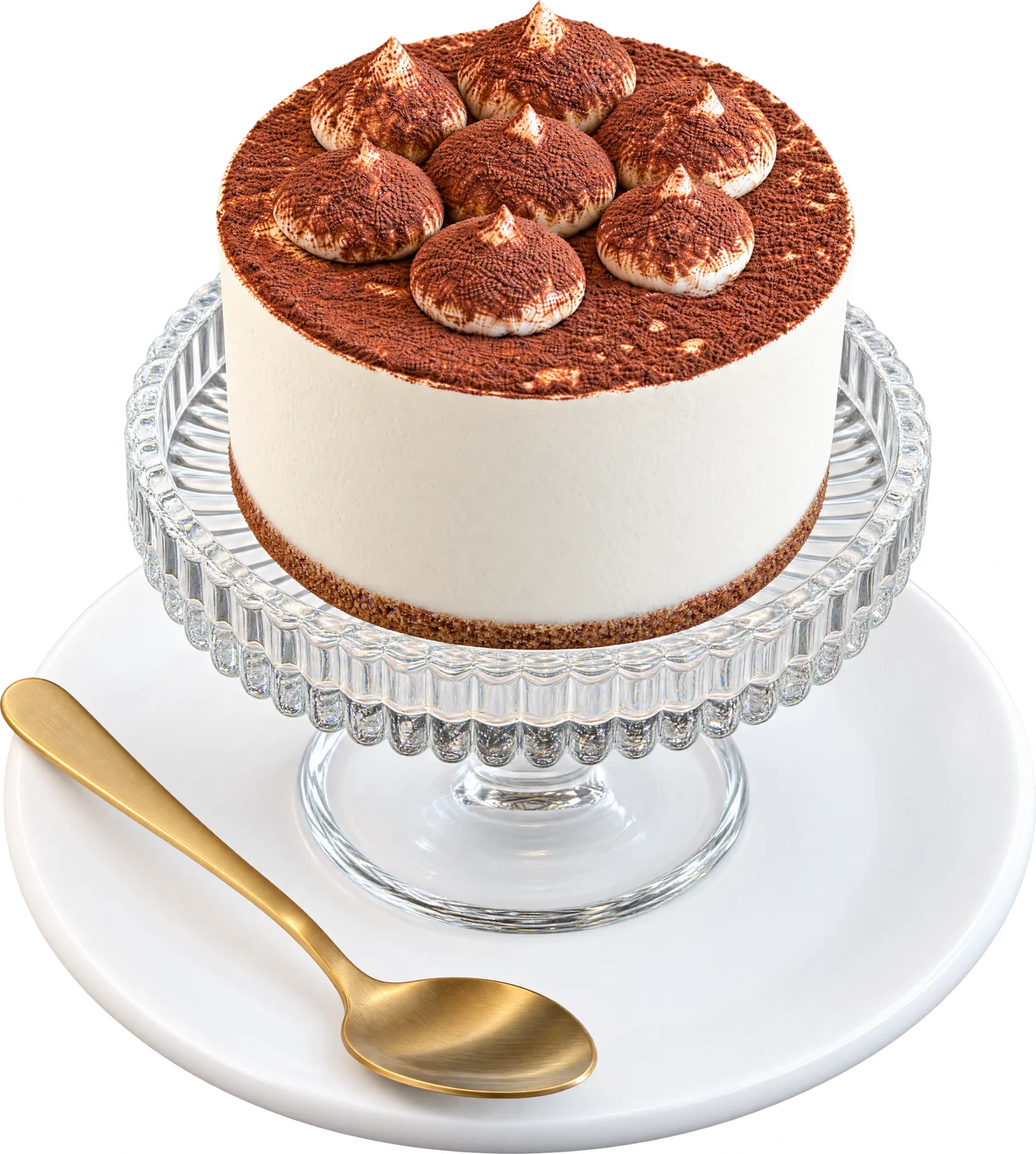 A tiramisu topped with cocoa-dusted cream, on a glass stand with a gold spoon