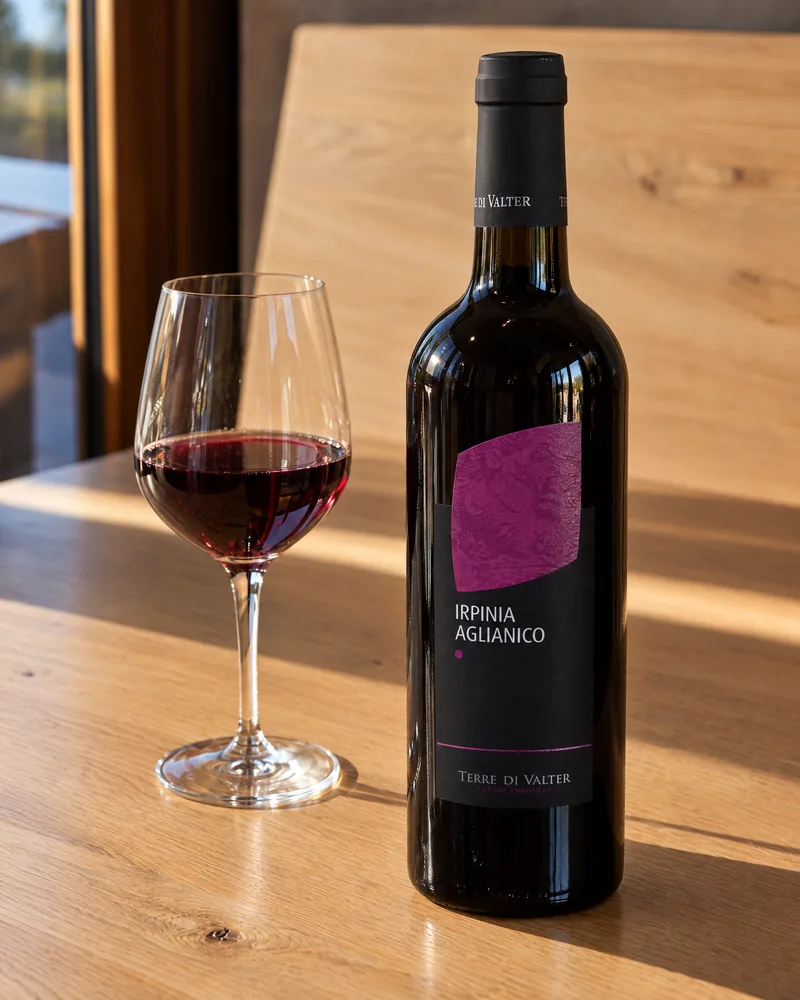 A bottle of Irpinia Aglianico beside a glass of red wine