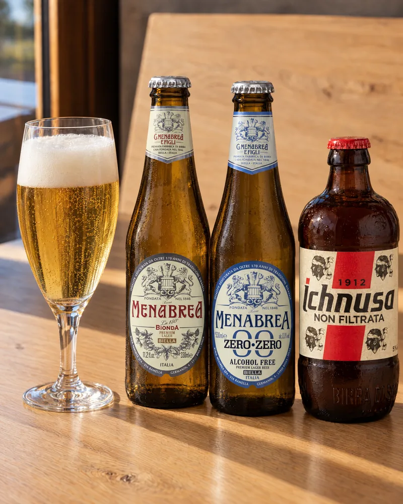 Bottles of Menabrea and Ichnusa beside a glass of beer