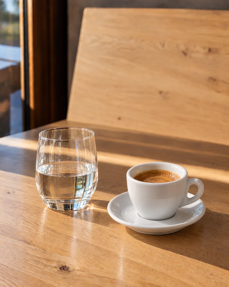 An espresso beside a glass of water