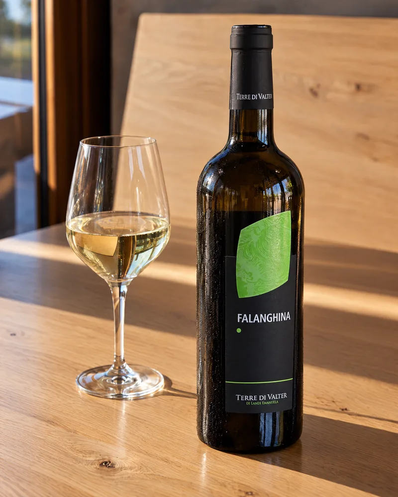 A bottle of Falanghina beside a glass of white wine
