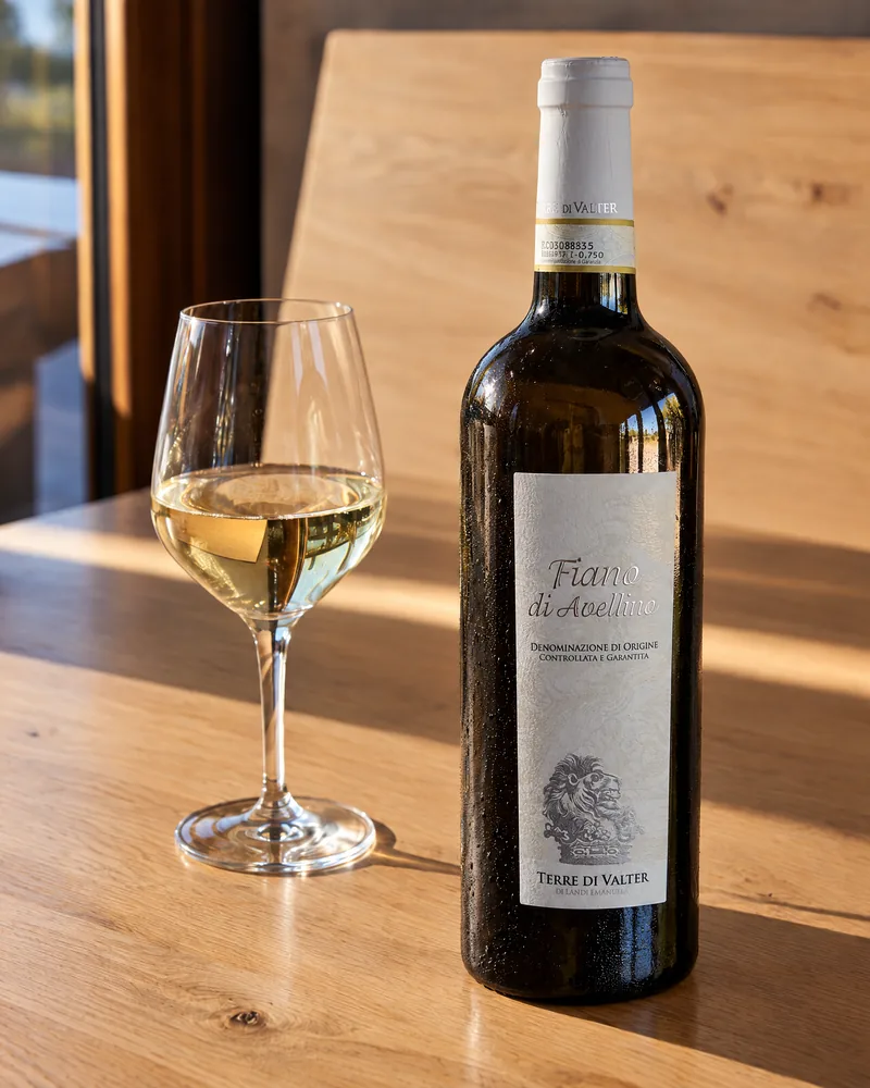 A bottle of Fiano di Avellino beside a glass of white wine