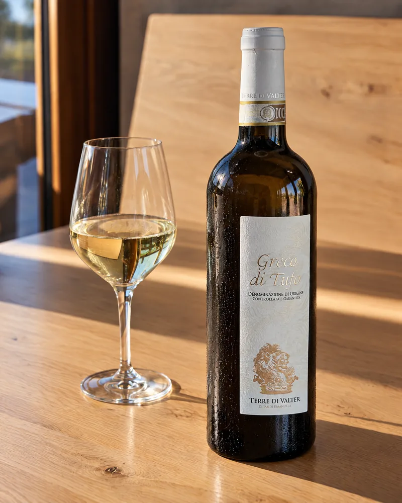 A bottle of Greco di Tufo beside a glass of white wine