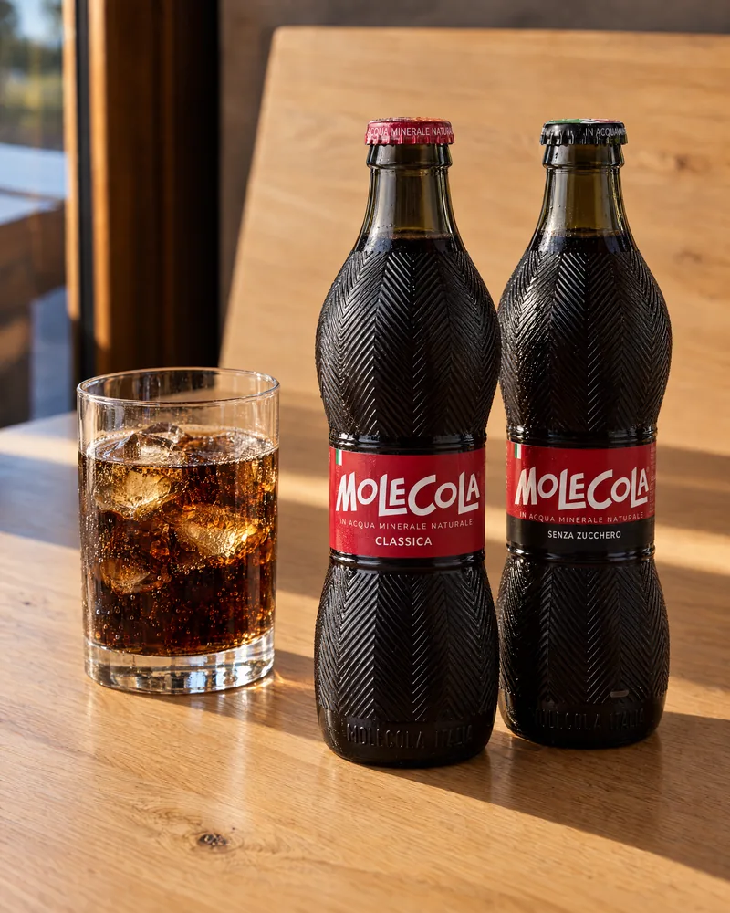 Two bottles of MoleCola beside a glass of cola