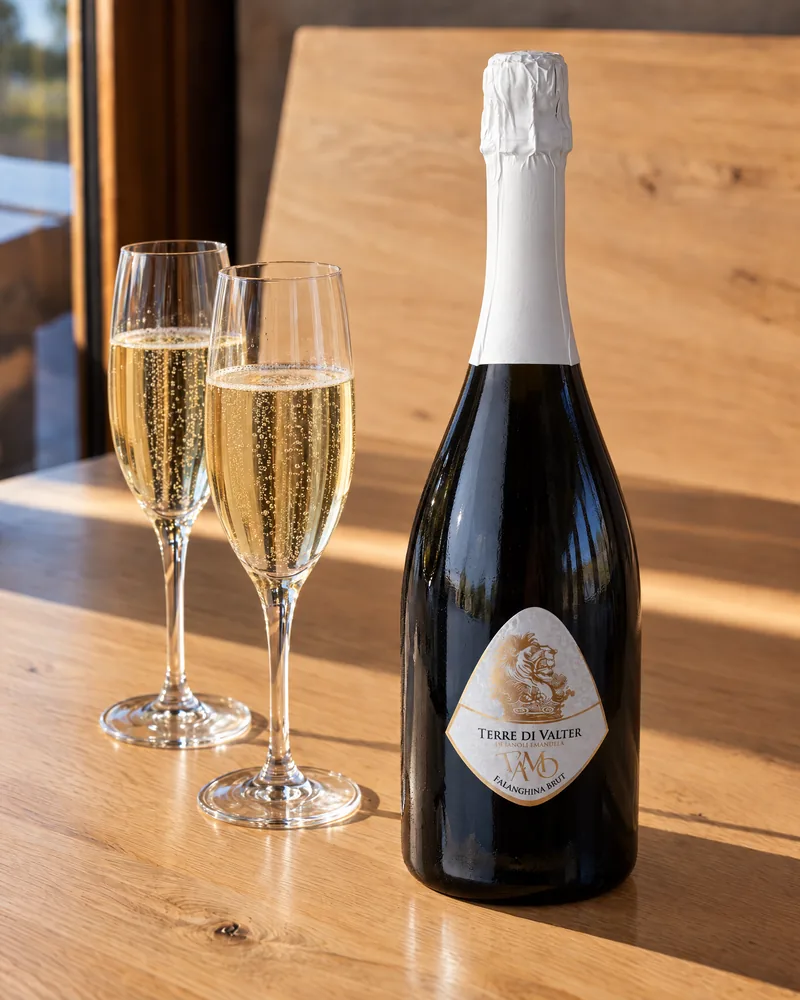 A bottle of T'Amo beside two glasses of sparkling wine